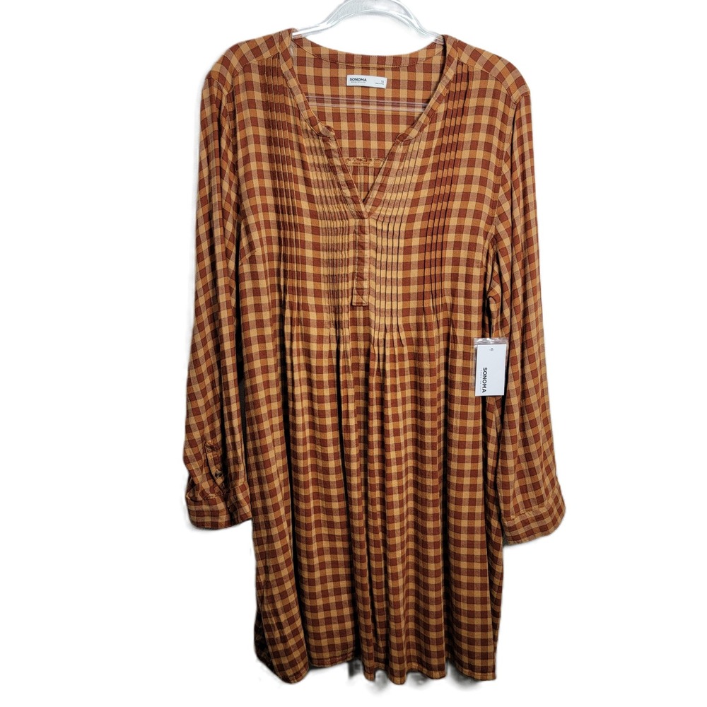 Sonoma Goods For Life Womens 1X Plaid Mini Dress Brown Gingham V-Neck NEW